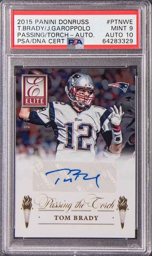 2015 Panini Donruss Tom Brady/Jimmy Garoppolo Dual Elite Passing The Torch Autographs #PTNWE card image