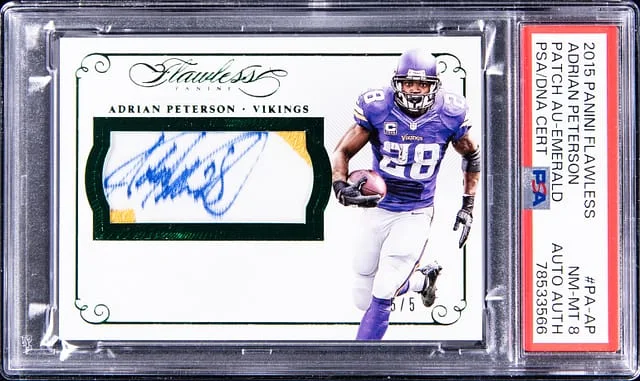 2015 Panini Flawless Adrian Peterson Patch Autographs Emerald #PA-AP card image
