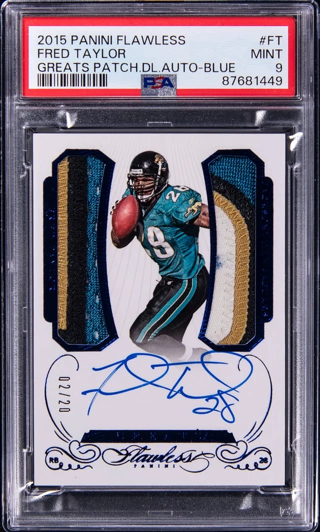 2015 Panini Flawless Fred Taylor Greats Patch Dual Autograph Blue #FT card image