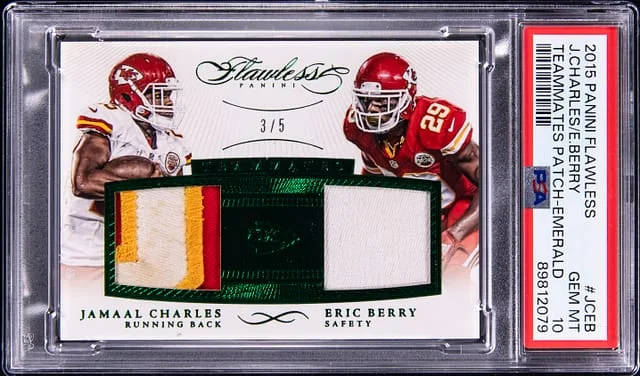 2015 Panini Flawless Jamaal Charles/Eric Berry Teammates Patch Emerald #JCEB card image