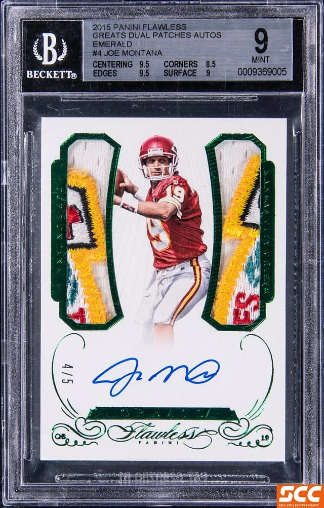 2015 Panini Flawless Joe Montana Greats Dual Patch Autographs Emerald #GDPA-JO card image