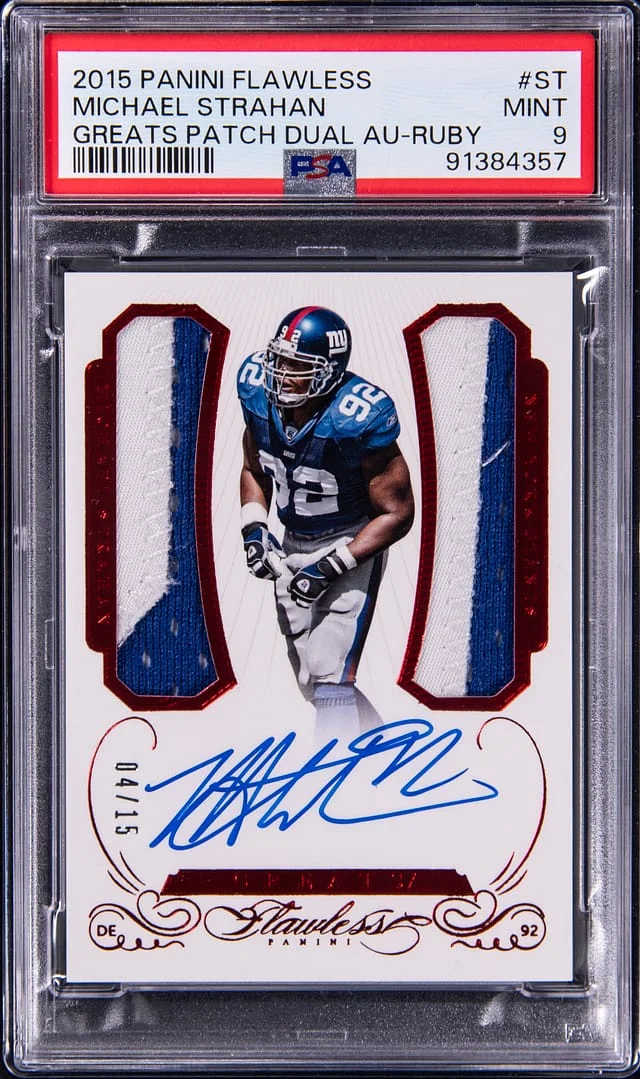 2015 Panini Flawless Michael Strahan Greats Patch Dual Autograph Ruby #GPDA-ST card image
