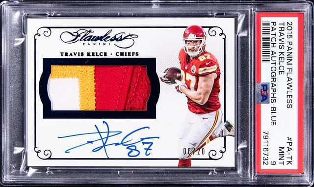 2015 Panini Flawless Travis Kelce Patch Autograph Blue #PA-TK card image
