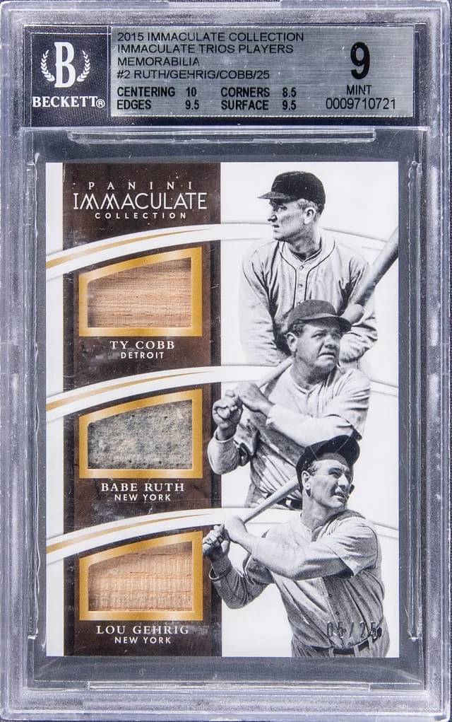 2015 Panini Immaculate Collection Babe Ruth/Lou Gehrig/Ty Cobb Immaculate Trios Players Memorabilia #2 card image