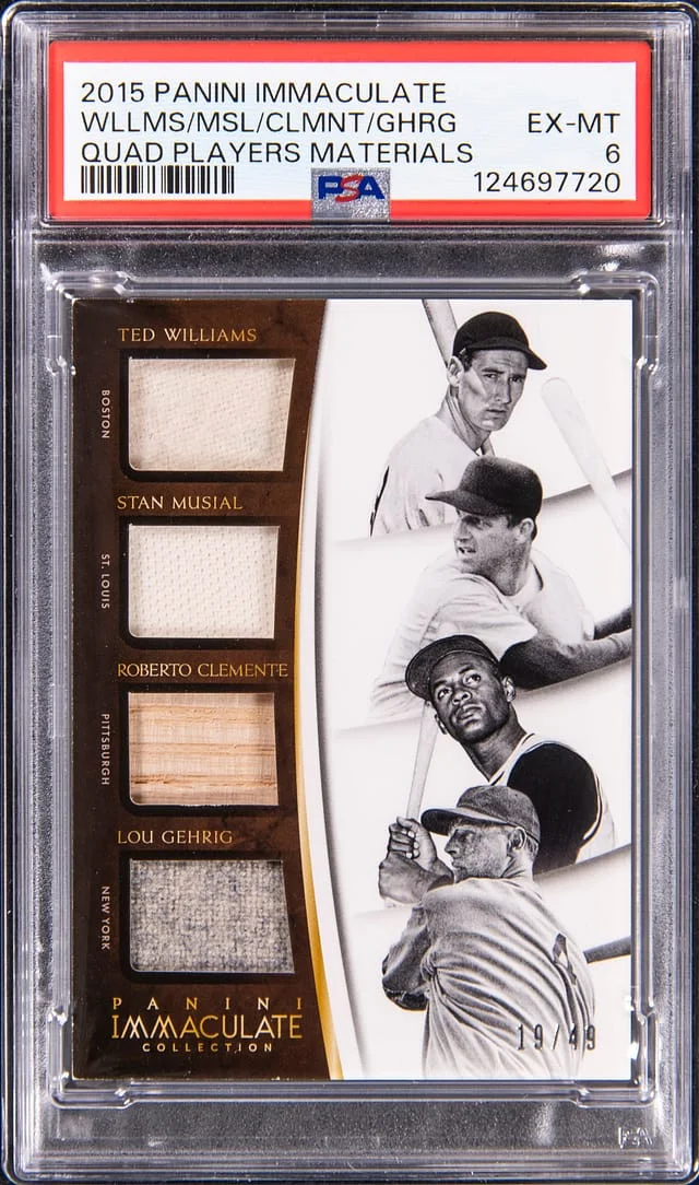 2015 Panini Immaculate Quad Players Materials Ted Williams, Stan Musial, Roberto Clemente, Lou Gehrig #no-number card image