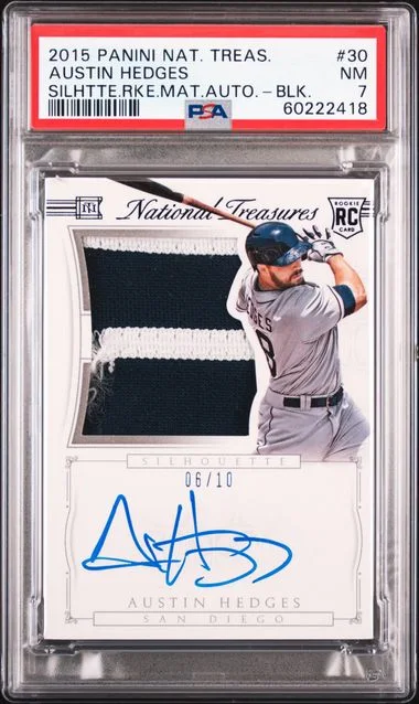 2015 Panini National Treasures Austin Hedges Silhouette Material Autographs Black #30 card image