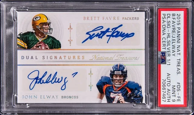 2015 Panini National Treasures Brett Favre/John Elway Dual Signature Silver #DS-FE card image