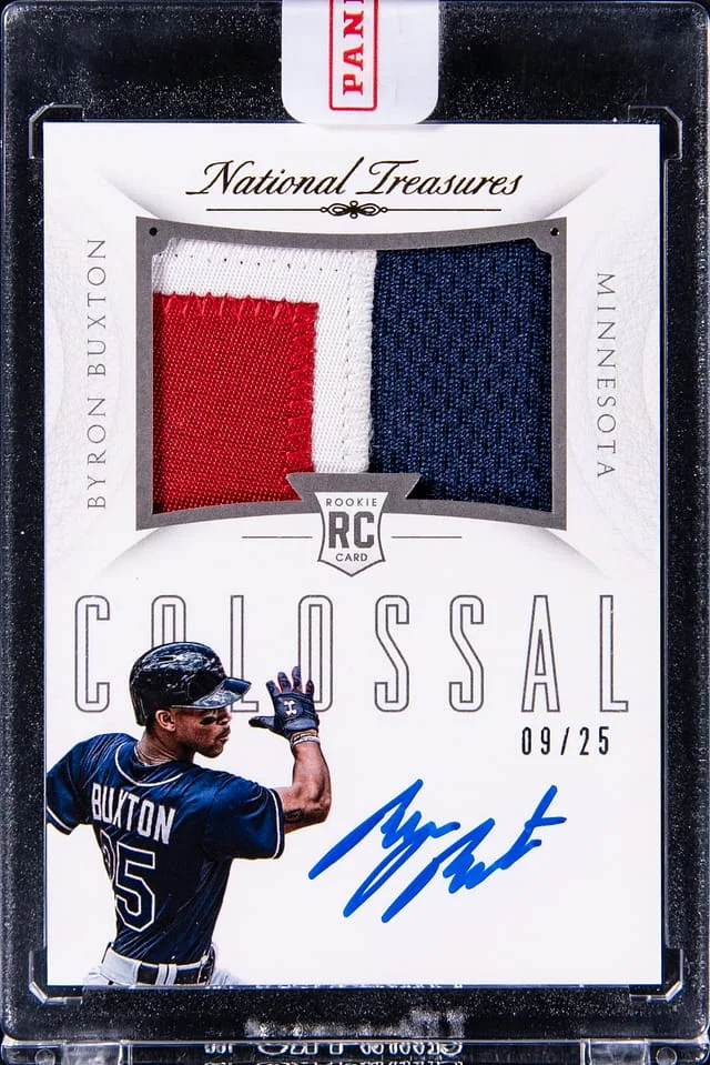 2015 Panini National Treasures Byron Buxton Colossal Patch Autograph (RPA) #17 card image