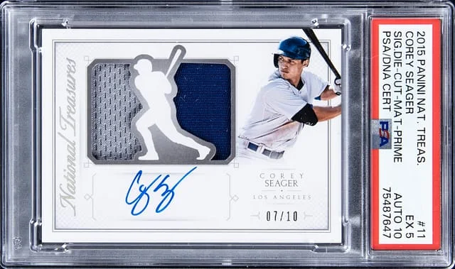 2015 Panini National Treasures Corey Seager Signature Die-Cut Materials Prime #11 card image