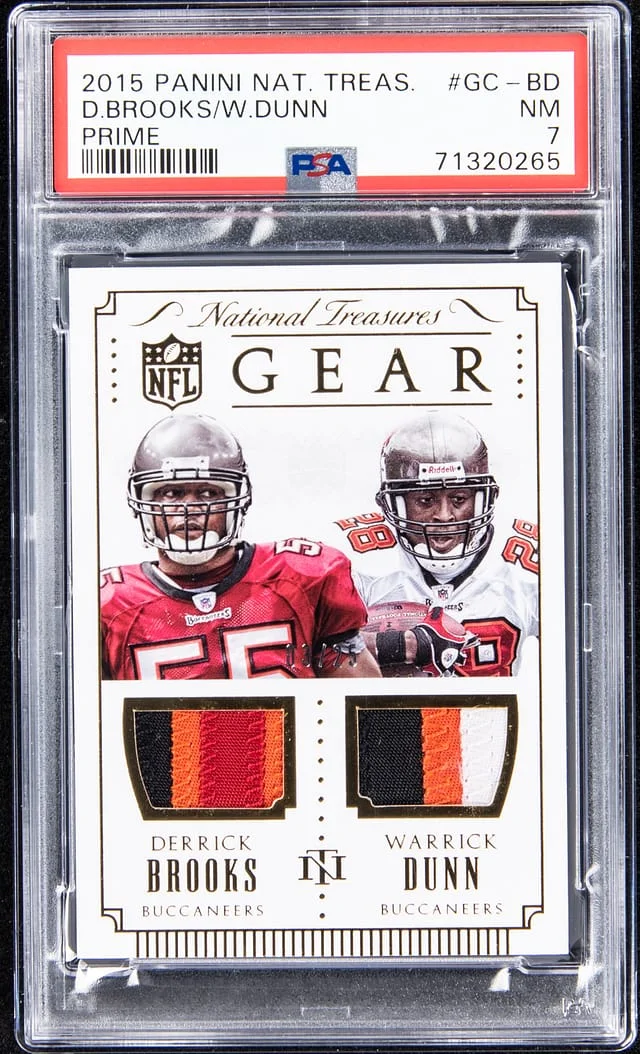 2015 Panini National Treasures Derrick Brooks/Warrick Dunn Gear Combos Prime #GC-BD card image