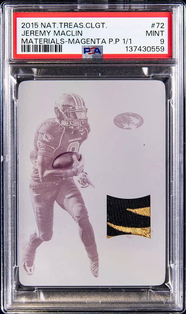 2015 Panini National Treasures Jeremy Maclin Collegiate Materials Magenta Printing Plate #72 card image