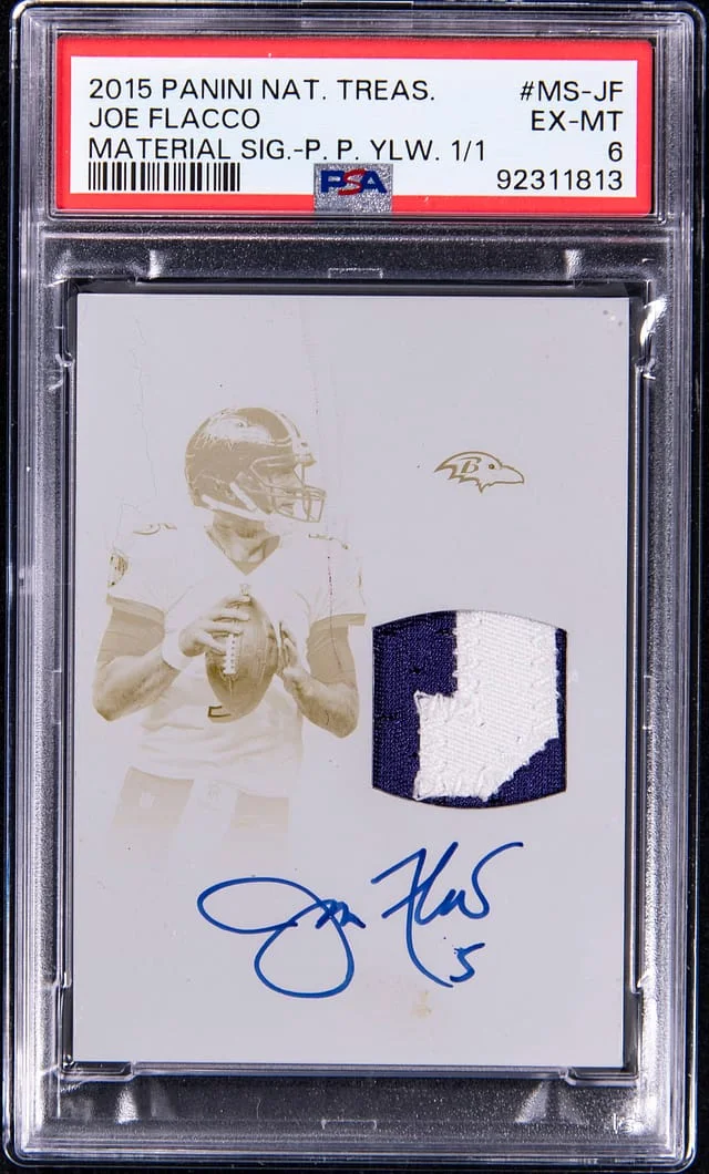 2015 Panini National Treasures Joe Flacco Material Signatures Yellow Printing Plate #MS-JF card image