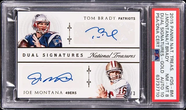 2015 Panini National Treasures Joe Montana/Tom Brady Dual Signatures Gold #DS-BM card image