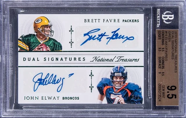 2015 Panini National Treasures John Elway/Brett Favre Dual Dual Signatures Green SSP #16 card image
