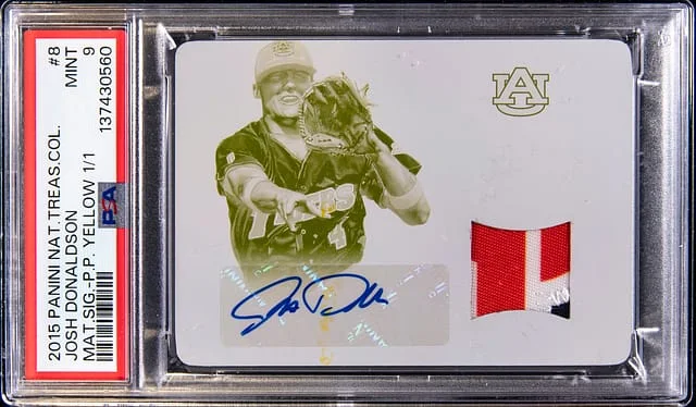 2015 Panini National Treasures Josh Donaldson Collegiate Materials Signatures Yellow Printing Plate #8 card image