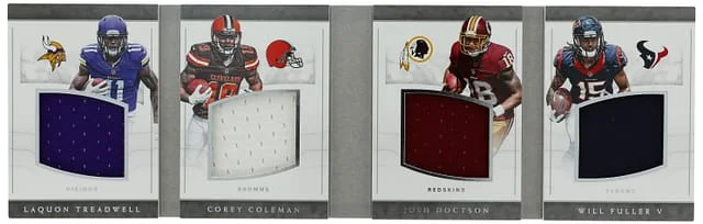 2015 Panini National Treasures Laquon Treadwell, Corey Colem, Josh Doctson, Will Fuller V Relic Booklet Quads #2 card image