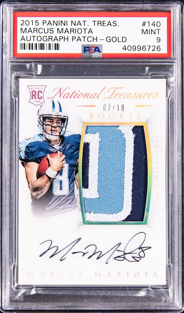 2015 Panini National Treasures Marcus Mariota Patch Autograph (RPA) #140 card image