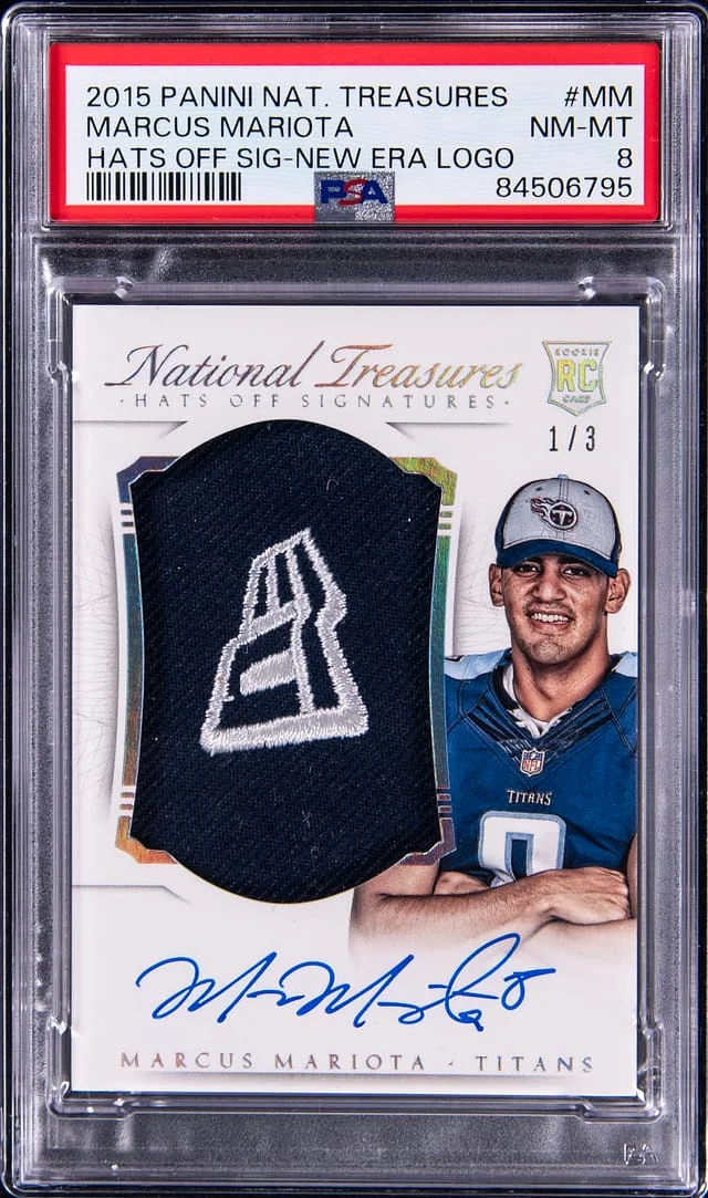 2015 Panini National Treasures Marcus Mariota Hats Off Signature New Era Logo #MM card image
