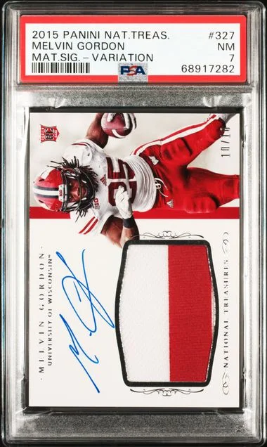 2015 Panini National Treasures Melvin Gordon College Material Signature Variation #327 card image