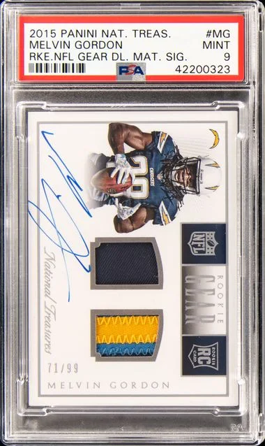 2015 Panini National Treasures Melvin Gordon NFL Gear Dual Materials Signatures #RNG-MG card image
