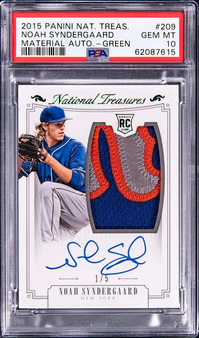 2015 Panini National Treasures Noah Syndergaard Material Autograph Green #209 card image