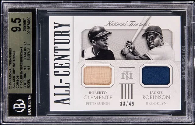 2015 Panini National Treasures Roberto Clemente/Jackie Robinson All Century Materials Combos #10 card image