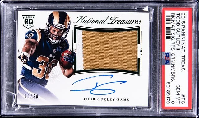 2015 Panini National Treasures Todd Gurley Materials Signature RPS Green Numbers #RMSR-TG card image