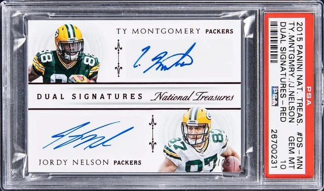 2015 Panini National Treasures Ty Montgomery/Jody Nelson Dual Signatures Red #DS-MN card image