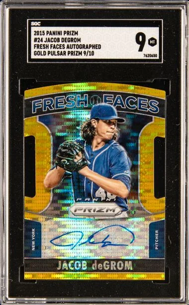 2015 Panini Prizm Jacob deGrom Fresh Faces Signatures Gold Pulsar Prizm #24 card image