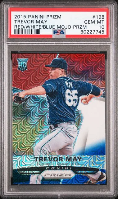 2015 Panini Prizm Trevor May Red/White/Blue Mojo Prizm #198 card image