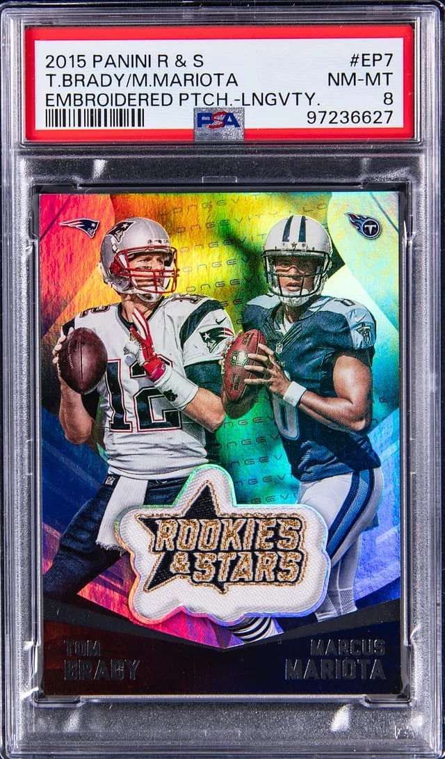 2015 Panini Tom Brady/Marcus Mariota Rookies & Stars Embroidered Patch Longevity #EP7 card image