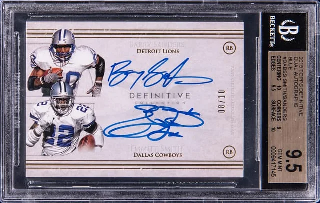 2015 Topps Barry Sanders/Emmitt Smith Definitive Dual Autographs Blue #DA-BSS card image