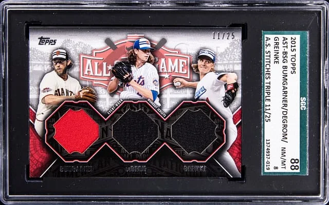 2015 Topps Bumgarner/deGrom/Greinke All-Star Stitches Triple #AST-BSG card image