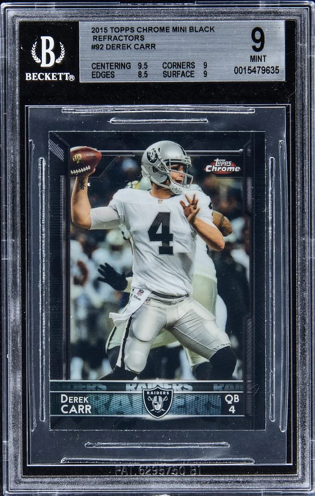 2015 Topps Chrome Derek Carr Mini Black Refractor #92 card image