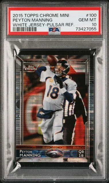 2015 Topps Chrome Peyton Manning Mini White Jersey-Pulsar Refractor #100 card image
