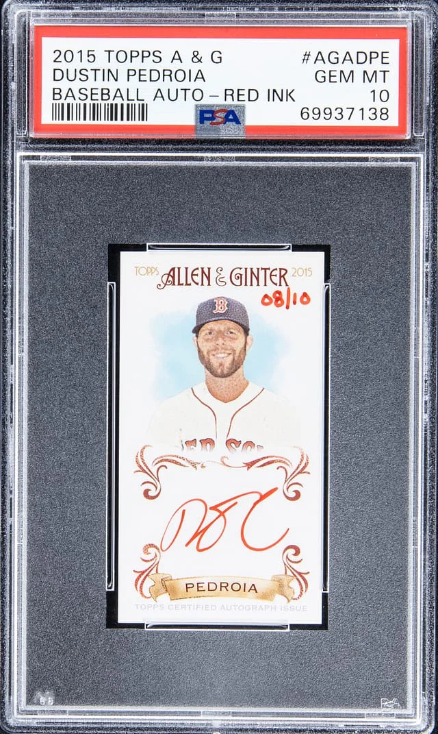 2015 Topps Dustin Pedroia A and G Baseball Autograph Red Ink #AGADPE card image
