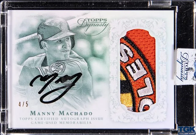 2015 Topps Dynasty Manny Machado Autograph Relic Emerald #AP-MMA3 card image