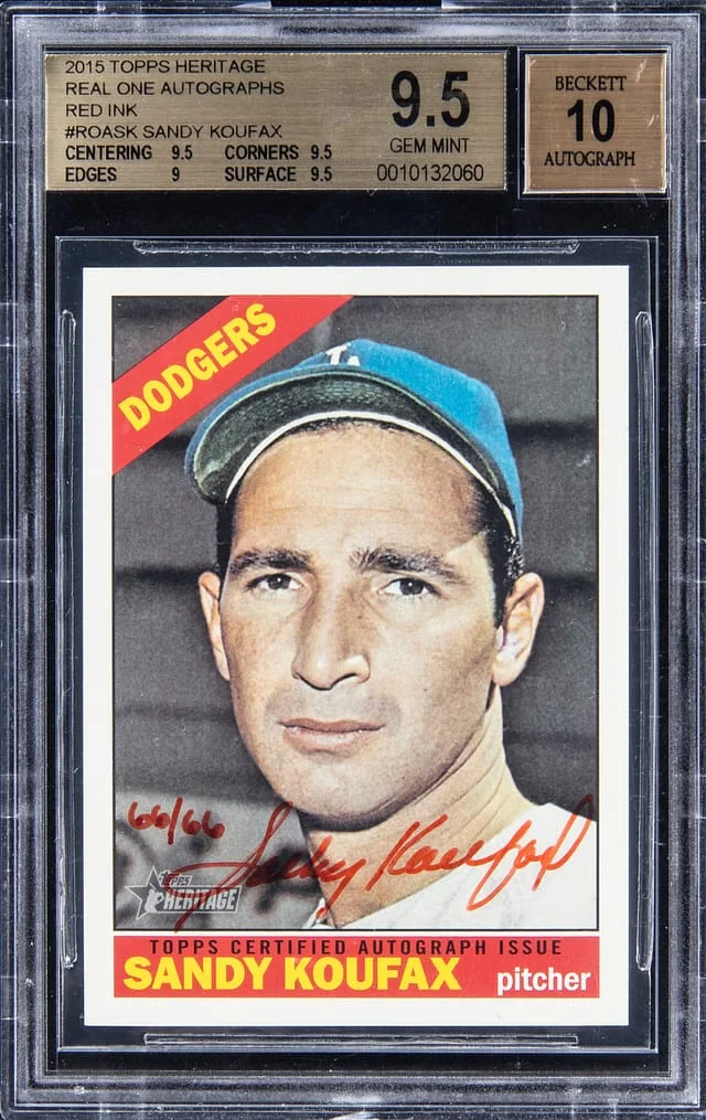 2015 Topps Heritage Real One Sandy Koufax Autograph-Red Ink #SK card image
