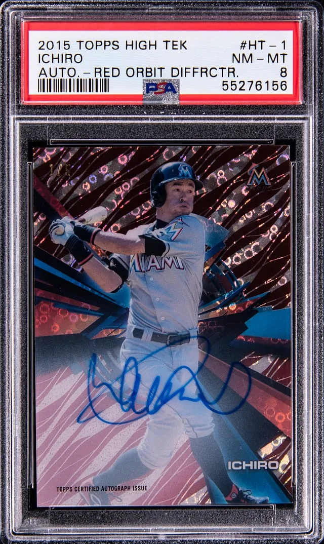 2015 Topps Ichiro Suzuki High Tek Autographs Red Orbit Diffractor #HT-I card image