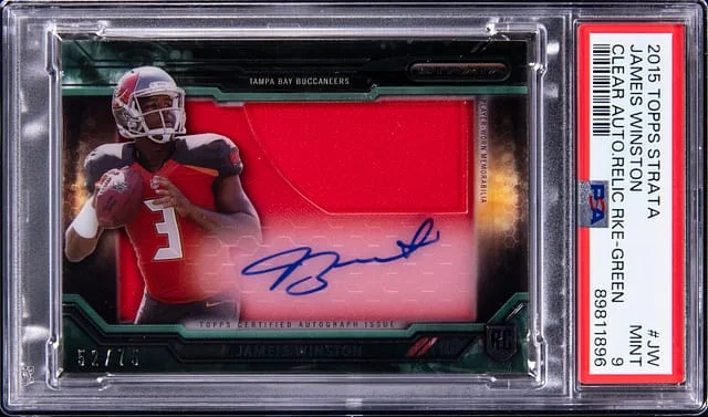 2015 Topps Jameis Winston Strata Clear Autograph Relic Green #CCAP-JW card image