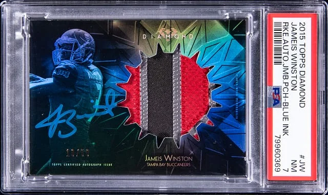 2015 Topps Jameis Winston Diamond Autograph Jumbo Patch Blue Ink #RAP-JW card image