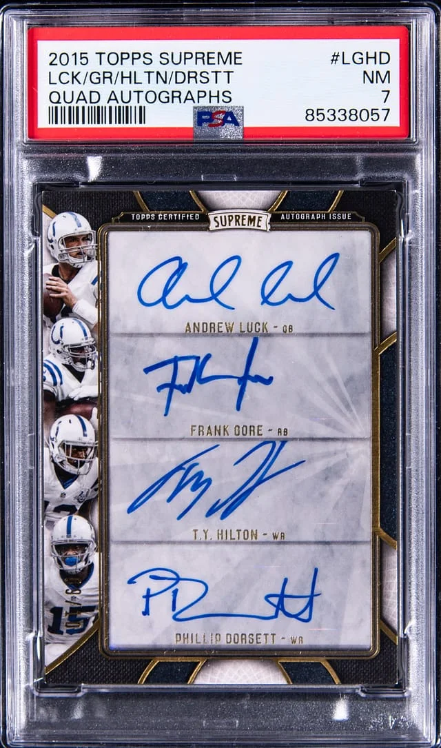 2015 Topps Luck/Gore/Hilton/Dorsett Supreme Quad Autograph #SQA-LGHD card image