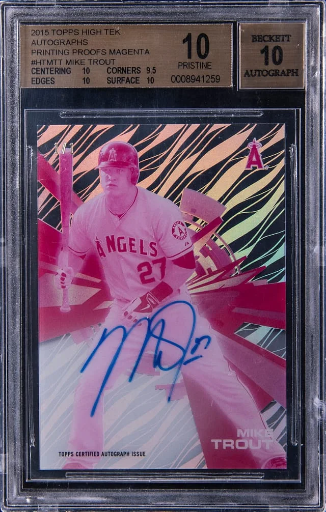 2015 Topps Mike Trout High Tek Autographs Printing Proofs Magenta #HTMTT card image