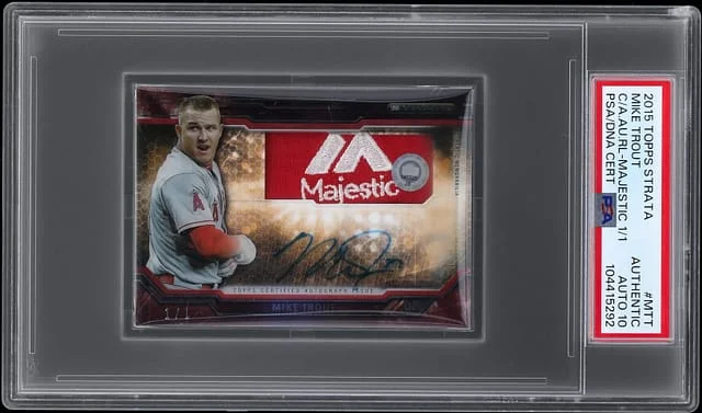 2015 Topps Mike Trout Strata Clearly Authentic Autograph Relic #MTT card image