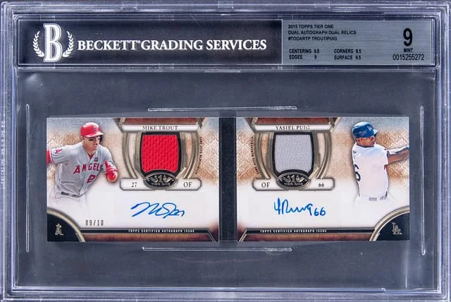 2015 Topps Mike Trout/Yasiel Puig Tier One Dual Autographs Dual Relics #TODAR-TP card image