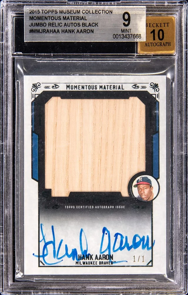 2015 Topps Museum Collection Hank Aaron Momentous Material Jumbo Bat Relic Autographs Black #MMJRA-HAA card image