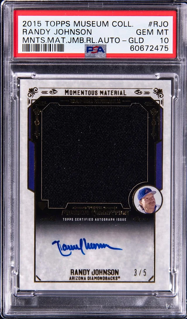 2015 Topps Museum Collection Randy Johnson Momentous Material Jumbo Relic Auto Gold #RJO card image