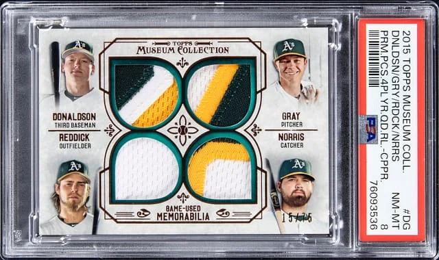 2015 Topps Museum Collection Sonny Gray, Josh Donaldson, Josh Reddick, Derek Norris Quad Four-Player Quad Relic Card #DG card image