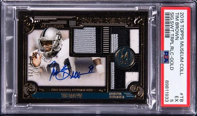 2015 Topps Museum Collection Tim Brown Signature Swatches Triple Relic Gold #SSTR-TB card image