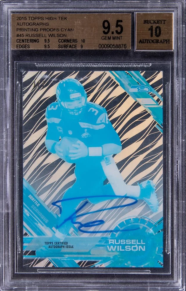 2015 Topps Russell Wilson High Tek Autographs Printing Proofs Cyan #45 card image